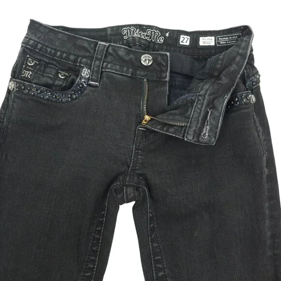 Miss Me Jeans Mid Rise Skinny Black Size 27 Stretch Studs Rhinestones Sequins - Picture 16 of 16